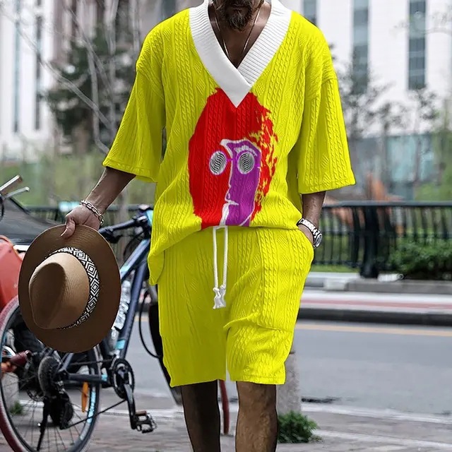 Set di pantaloncini da uomo a maniche corte in maglia oversize con spalle scoperte e stampa a quadri alla moda_voghion.com