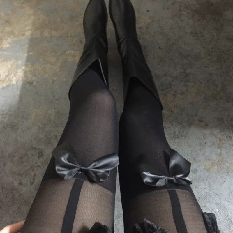 蝶ネクタイ白ストッキング JK 膝上スプライシング白パンスト女性ロリータロリータソックス黒シルク底ソックス|undefined