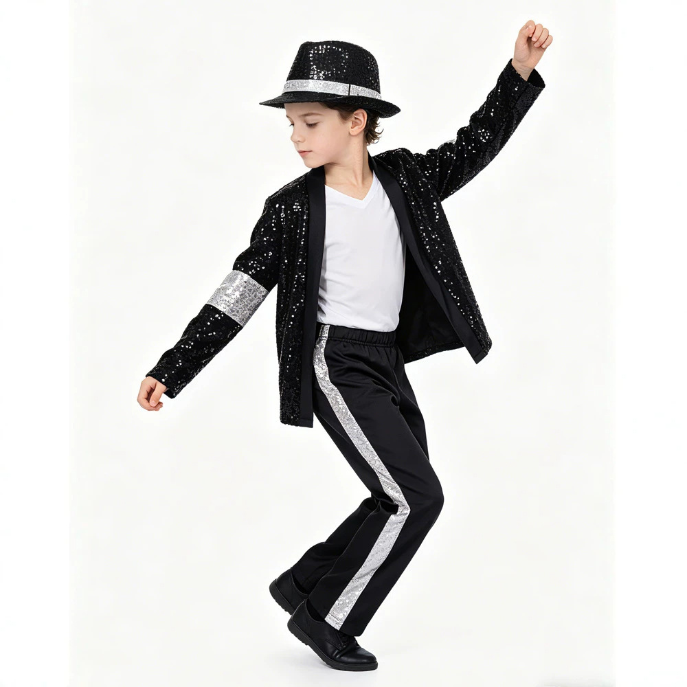 In-stock MJ sequin performance costume for men, stage performance cosplay outfit, disco party costume, children's cosplay clothing