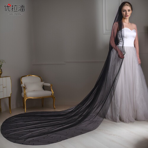 Youlapan Bridal Veil Black Gothic Style Wedding Veil Pearl Dark Party Decoration V05