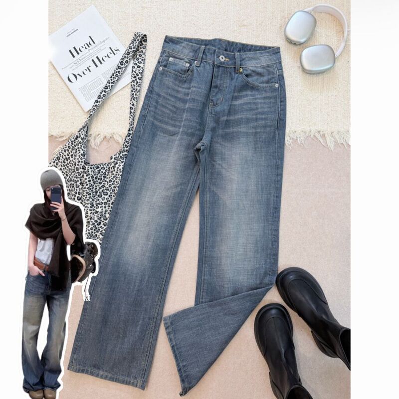 In Stock/Homegirl Ni-8 Smoke Gray Mid-Waist Retro Straight Wide-Leg Denim Pants In Stock/Homegirl Ni-8 Smoke Gray Mid-Waist Retro Straight Wide-Leg Denim Pants