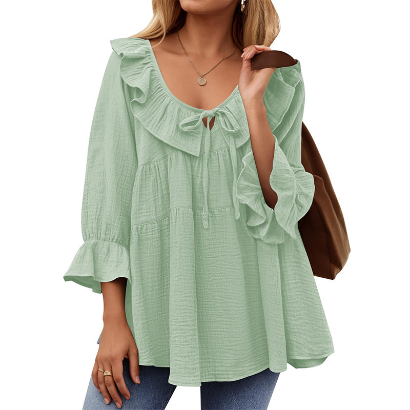 Aliexpress European and American Amazon Women's Round Neck Casual Lace-Up Front Pleated Multi-Layer Loose Tunic Shirt Spring and Autum Aliexpress European and American Amazon Women's Round Neck Casual Lace-Up Front Pleated Multi-Layer Loose Tunic Shirt Spring and Autum