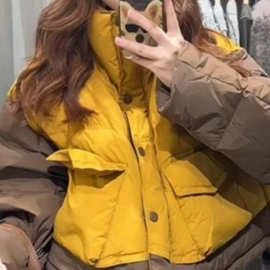 冬季欧货2025新款美拉德穿搭宽松黄咖拼色立领短款棉衣棉服外套女