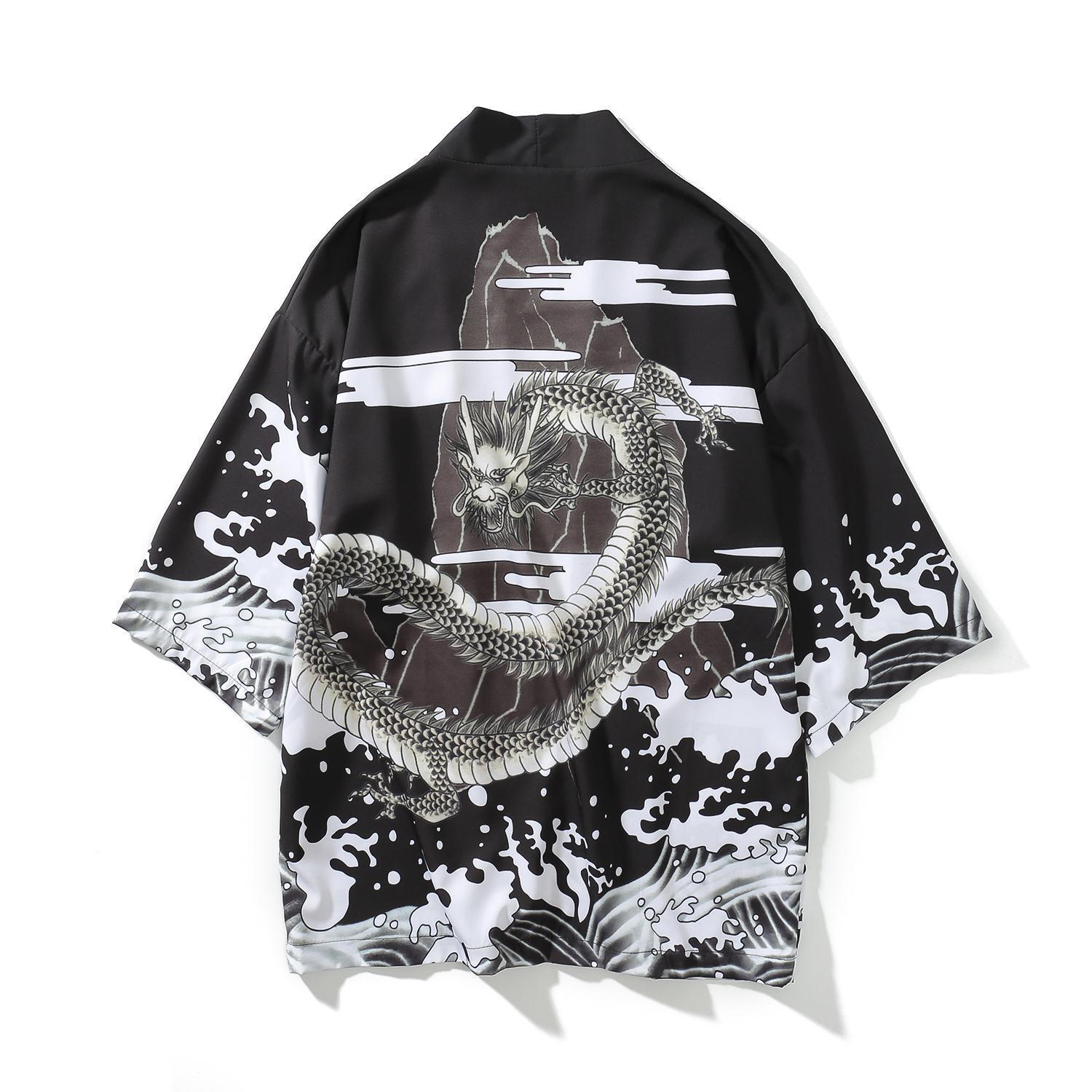 Estilo japonés retro oscuro ukiyo-e robe cardigan kimono hombres y mujeres estilo chino suelta 3/4 manga camisa abrigo moda