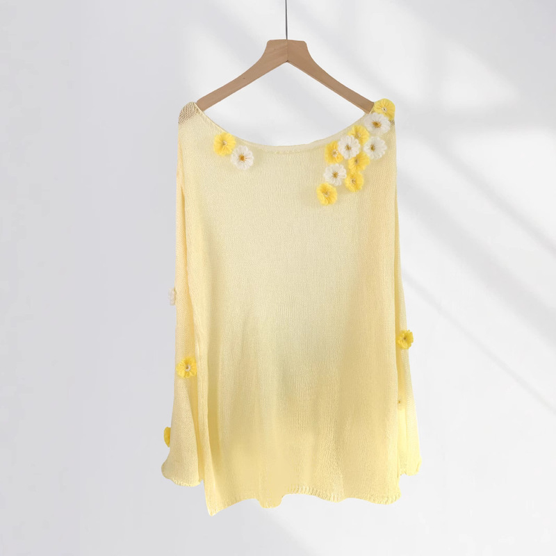 Original Design Handmade Crocheted Stereo Flower Yellow Sweater Women's Loose Lazy Knitted Blouse