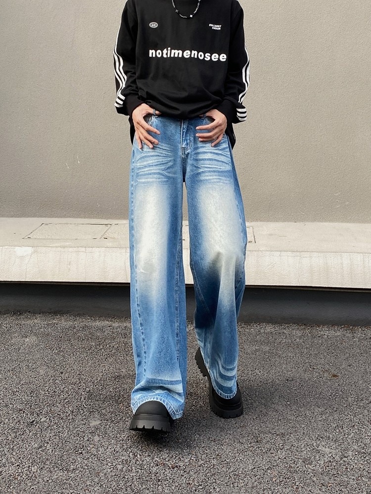 Vintage Washed Blue Wide Leg Jeans For Men & Women | Retro Loose Fit Straight Denim Pants | High Waist Comfort Styling_mkmklike.com
