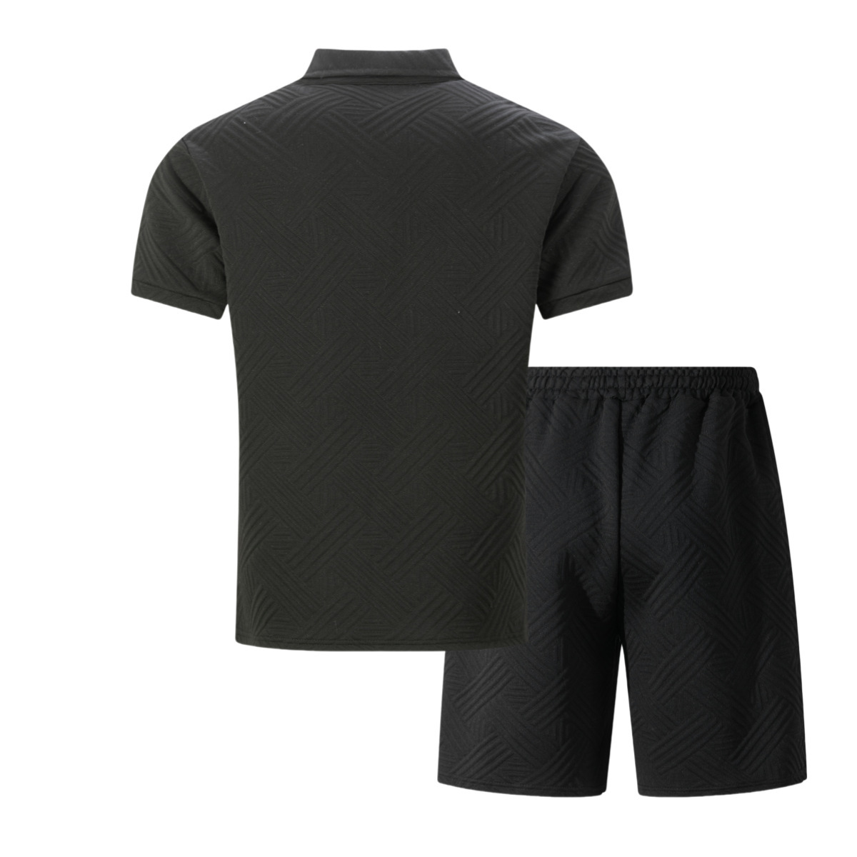 Zweiteiliges Herren-Set aus Waffelstrick, einfarbig, Sommer, Kurzarm, Shorts mit Tasche und Jacquard-Kragen._voghion.com