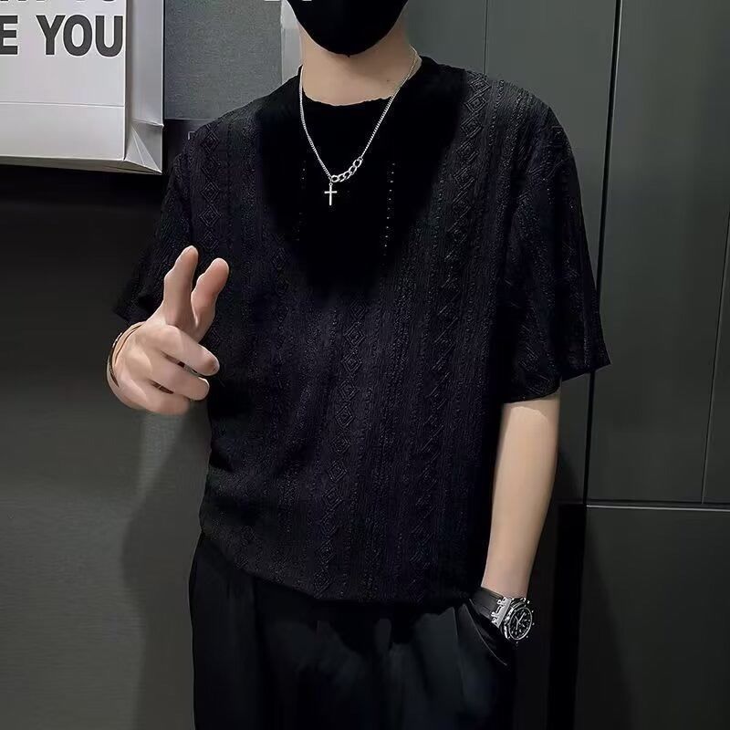 新しいジャカード半袖Tシャツメンズ2025夏トレンディハンサムイン多用途ルーズテクスチャードラウンドネックハーフスリーブ|undefined