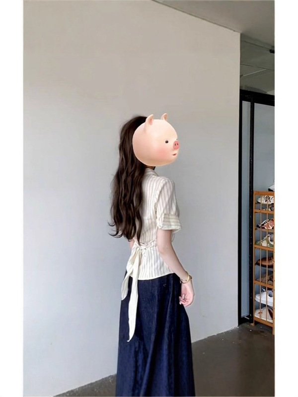 高级感v领条纹短袖衬衫女夏设计感小众短款衬衣法式修身收腰上衣|undefined