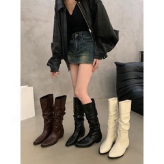 尖头内增高堆堆靴子女2025春秋新款小个子西部牛仔靴骑士靴长筒靴
