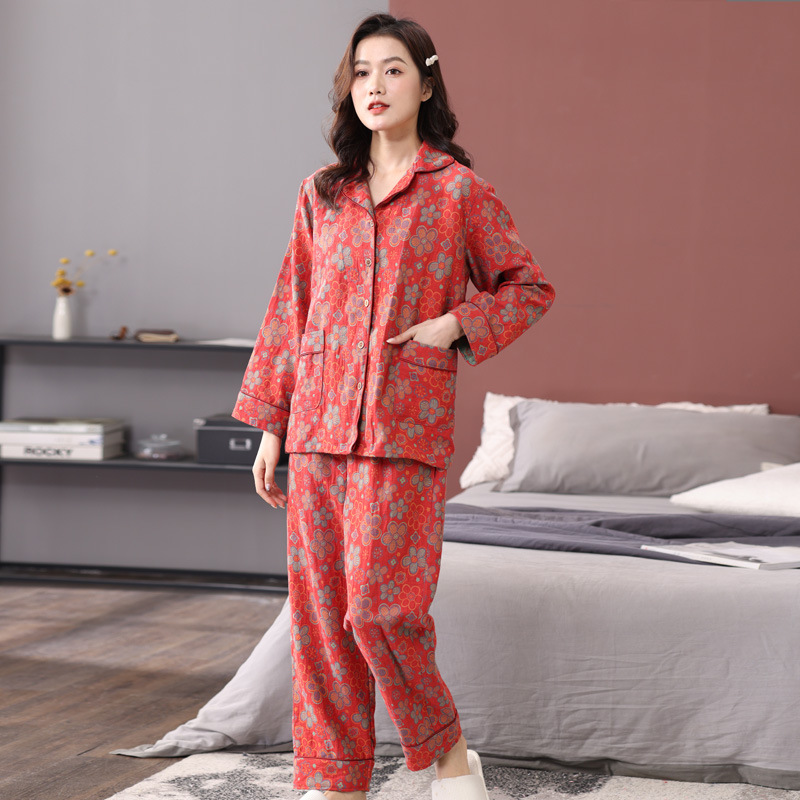 Nueva primavera y otoño de algodón de las mujeres pijamas de algodón de doble capa de hilo Jacquard de manga larga más tamaño traje de desgaste para el hogar se puede usar fuera