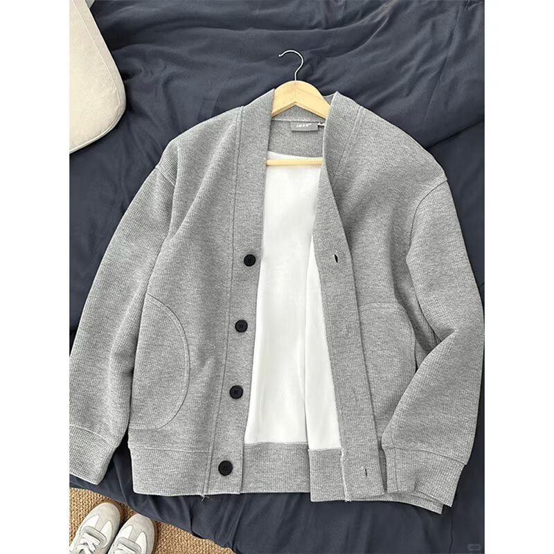 Waffle V-Neck Knitted Sweater Men's Autum Loose Cardigan Sweatshirt Japanese Style Fashion Brand Couple Casual Button Jacket