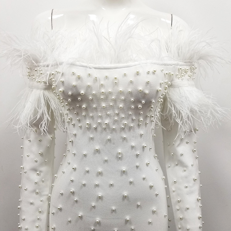 Women's One Shoulder Bandage Dress With Feather Beading For Party_voghion.com