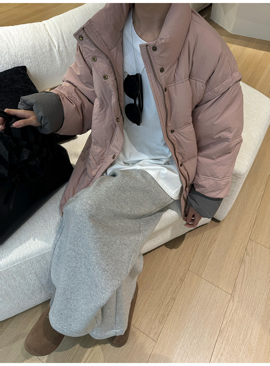 黎诺韩系休闲拼色白鸭绒羽绒服女2024冬季新款立领宽松面包服外套详情16