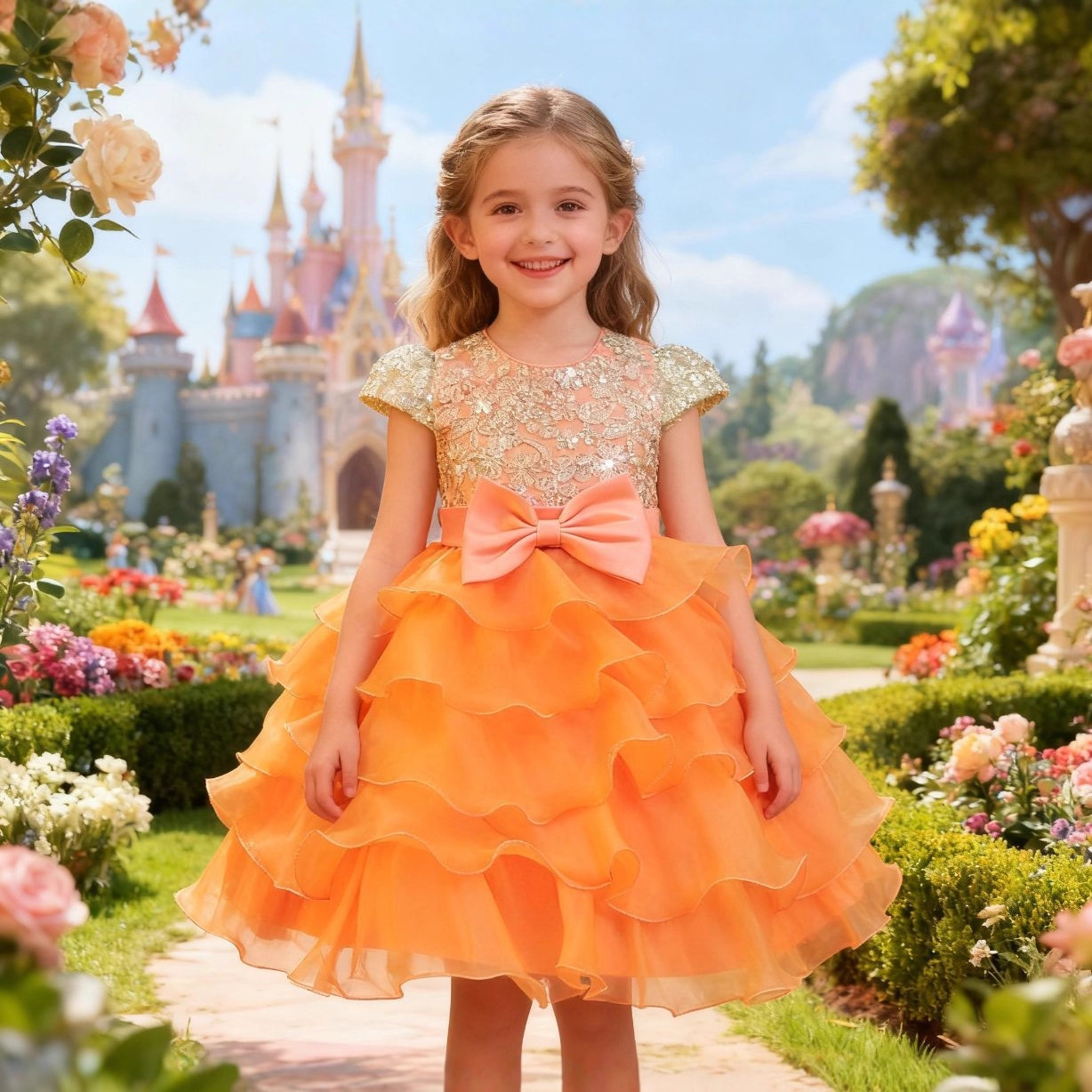 Vestido de niños pastel de arco bordado pequeño anfitrión oganza vestido de boda de chicas