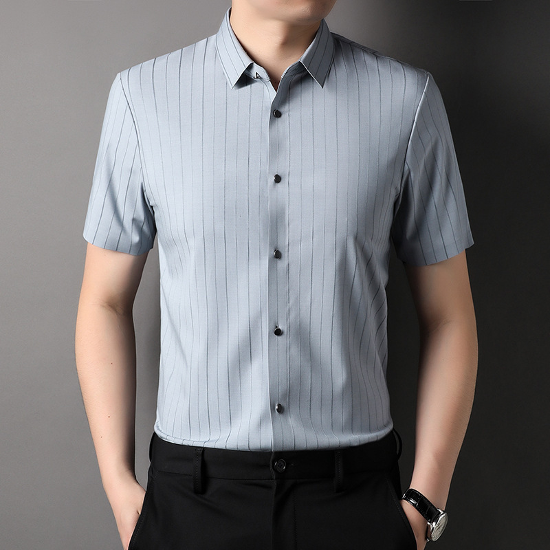 2023 Summer new men's lapel vertical strip young and middle-aged seamless breathable business casual what shirt