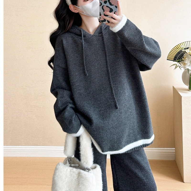 Loose Plus Size Pregnant Women Can Wear Hooded Knitwear Wide-Leg Pants Two-Piece Autumn and Winter New Casual Style Knitwear Suit Loose Plus Size Pregnant Women Can Wear Hooded Knitwear Wide-Leg Pants Two-Piece Autumn and Winter New Casual Style Knitwear Suit
