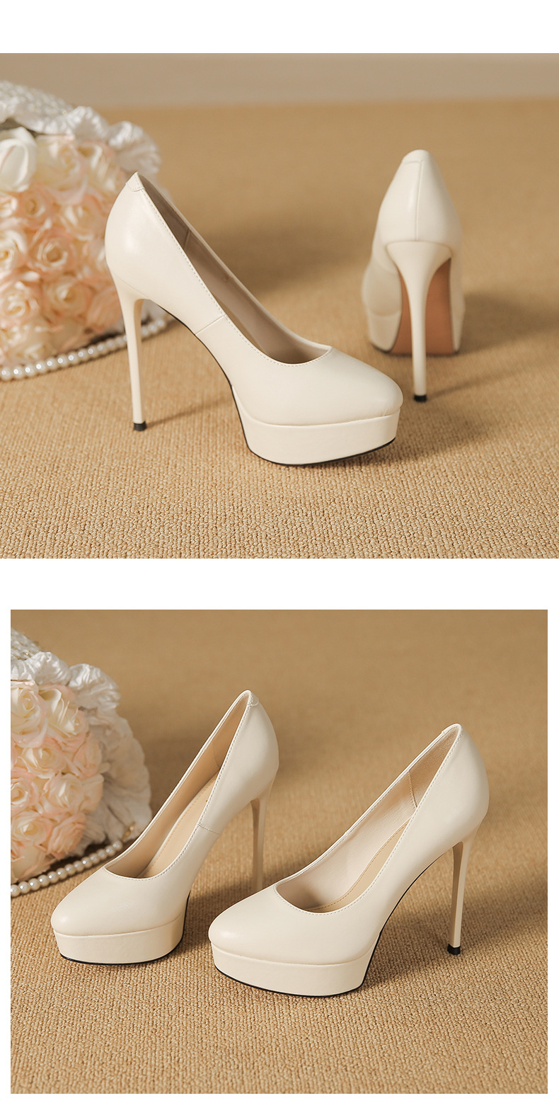 Giày cao gót nữ đế xuồng mũi tròn, gót nhọn 12 cm — Màu nude-12cm chi tiết 10
