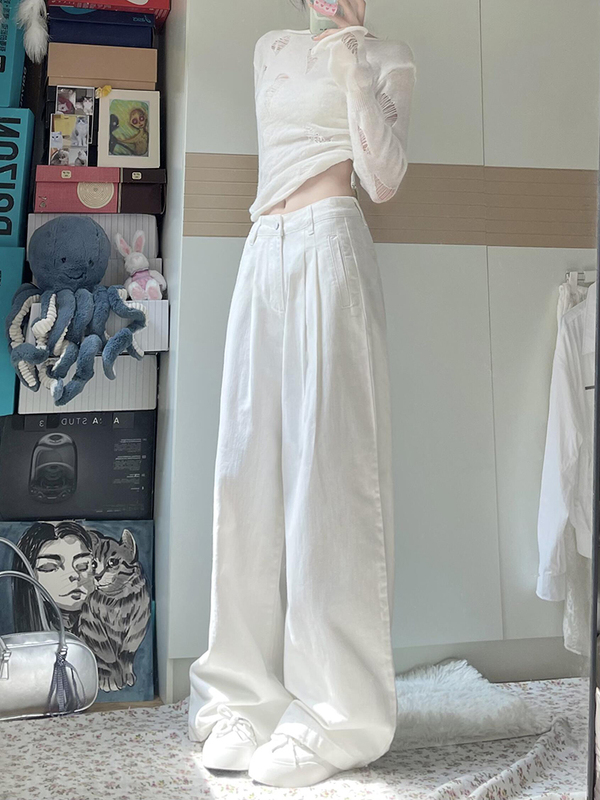 ホワイトリヨセルテンセルジーンズレディース夏薄いハイウエストストレートドレープルーズワイドレッグフロアレングスパンツ|undefined