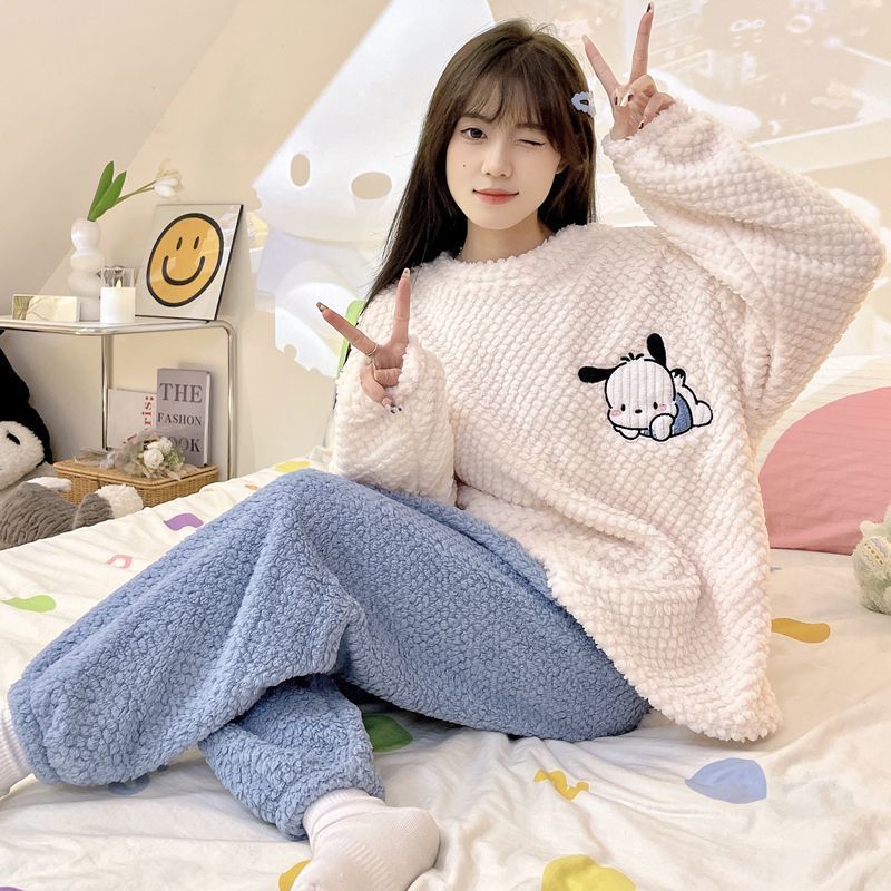 睡衣女秋冬季珊瑚绒加厚保暖韩版束口卡通可爱法兰绒家居服套装女|undefined