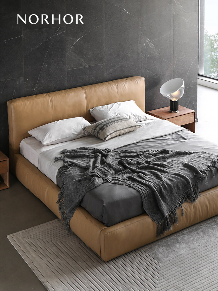 Nordic Expression / SOFT Full Leather Double Bed / Italian Minimalist Modern Soft Headboard Master Bedroom 1.8M Multiple K Styles