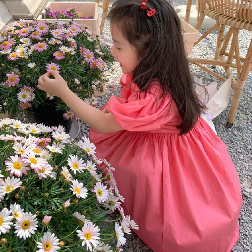 Sweet princess dress with floral pattern and solid color, square neck, for girls, 24 summer new model, foreign trade children's clothing, drop shipping