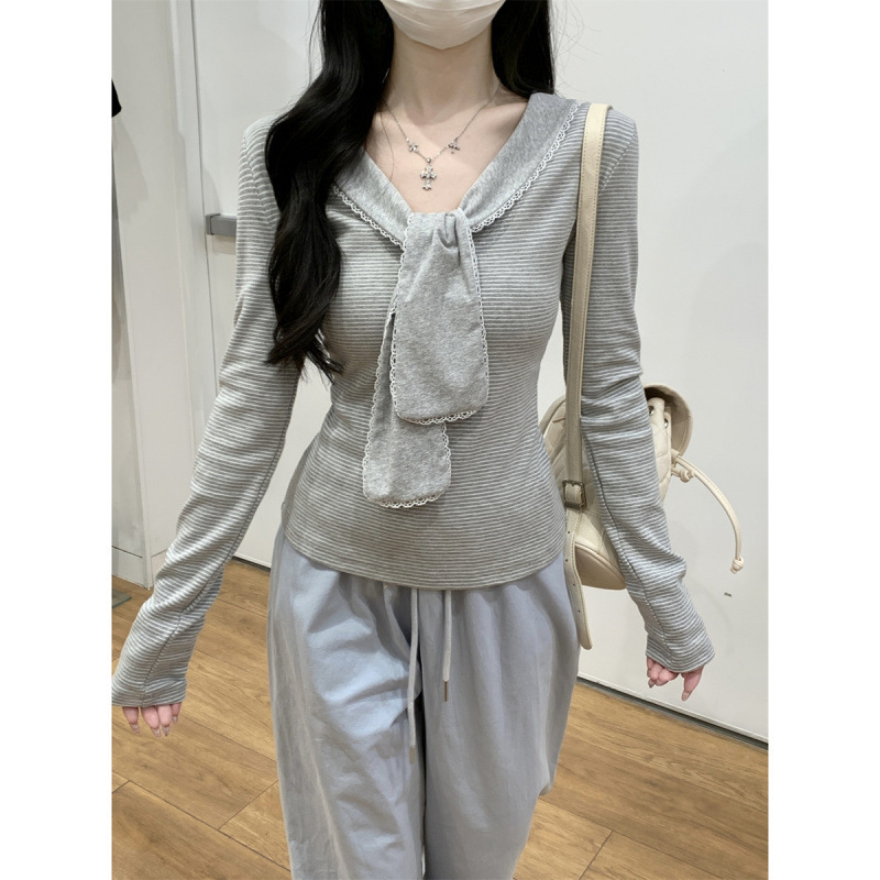 秋季韩版纯欲海军领撞色条纹设计感减龄棉长袖T恤女上衣|undefined