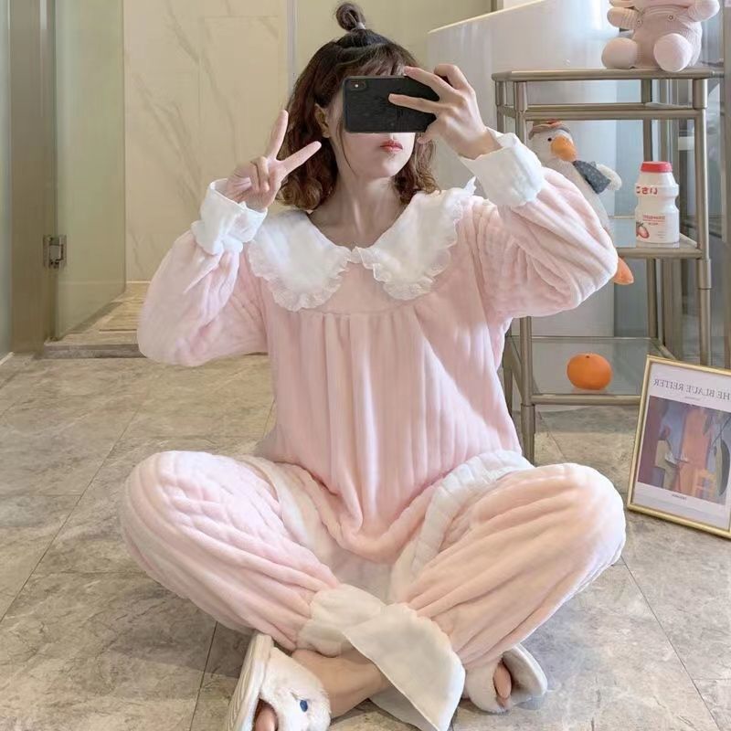 Pijamas de coral al por mayor transfronterizos mujeres otoño y invierno estilo coreano dulce lindos princesas ropa de casa franela engrosado conjunto