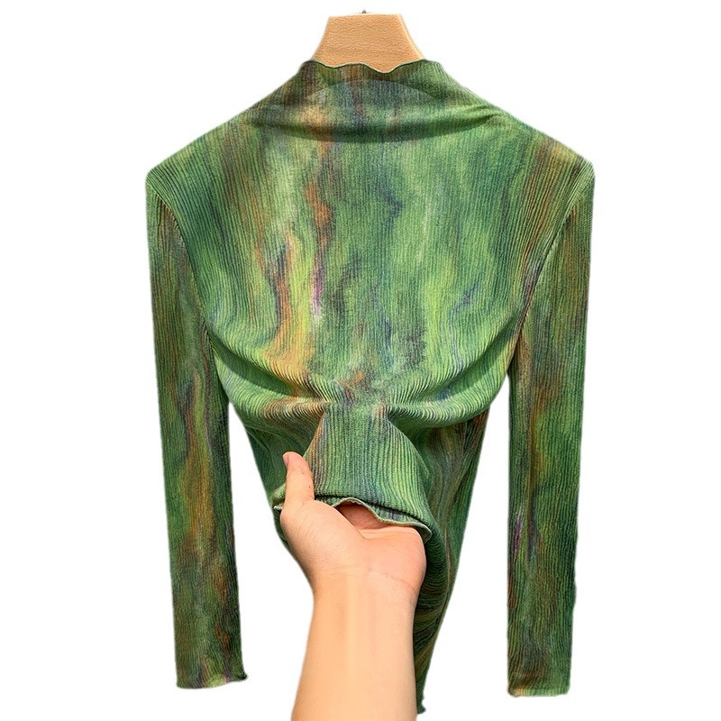 2023 nueva ropa de mujer con orejas de madera estilo occidental pequeña camisa delgada cintura interior ajustada camisa de fondo de malla teñida para mujer image 6