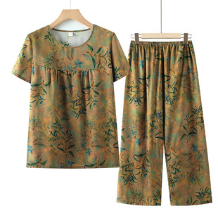Middle-aged and Elderly Summer Casual suit Mother's Clothes Short-sleeved Women's 60-year-old Grandma's Cotton Silk Clothes Old Lady's Two-piece Suit