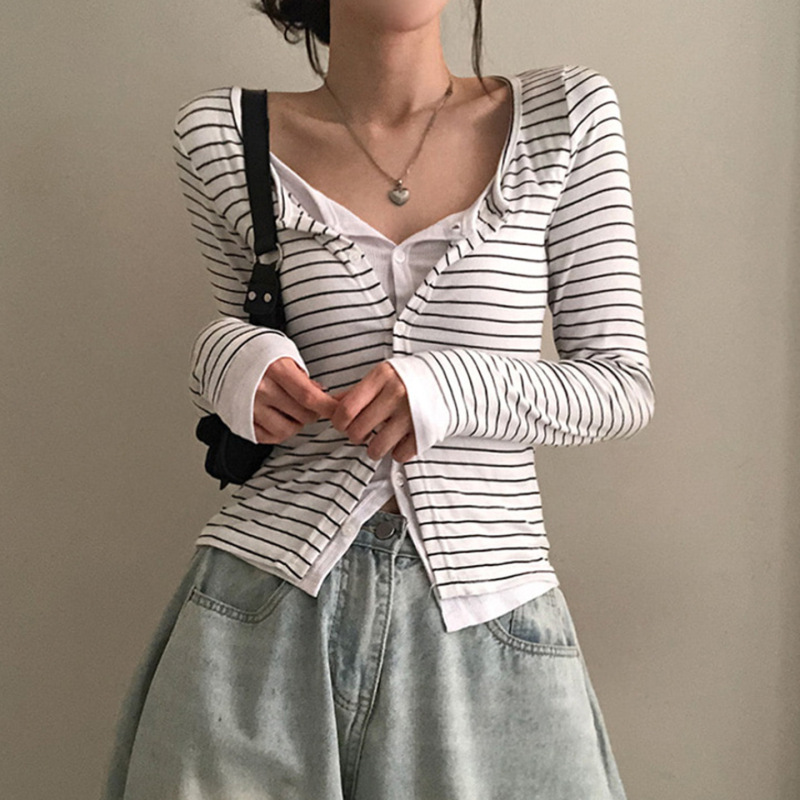 2025早秋韩风少女感假两件叠穿条纹T恤翻领修身显瘦长袖针织上衣|undefined