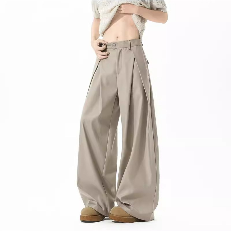 American-Style Beige Pleated Wide-Leg Dress Pants for Men, Trendy Brand, Spring and Summer, Loose Fit, Versatile, Straight-Cut, Drapey, Cleanfit Casual Pants