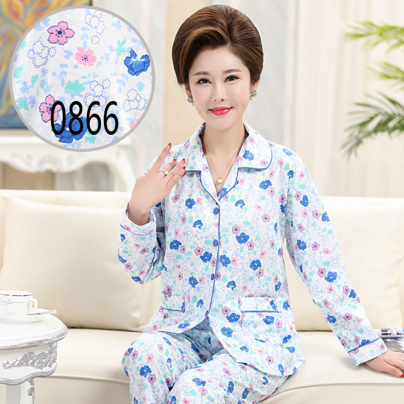 [Plus size] mamá de mediana edad y ancianos pijamas de manga larga de las mujeres de edad avanzada primavera y otoño ropa de hogar traje de Cardigan de verano