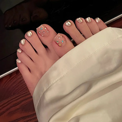 夏日高級感魔鏡粉彩色水鑽腳趾甲片貼片爆閃顯白穿戴美甲片腳指甲