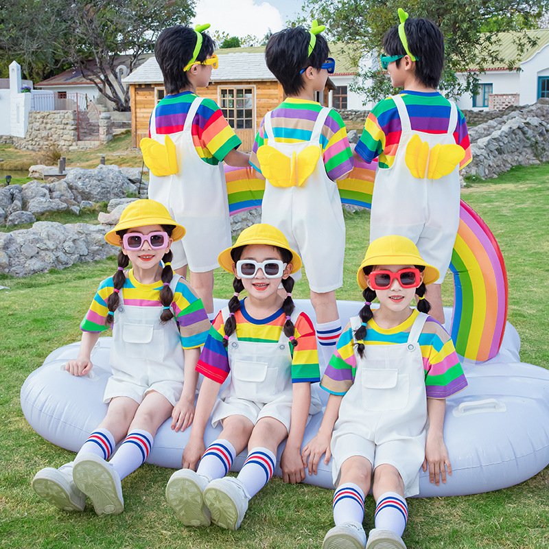小学生校服彩虹背带裤套装七彩短袖班服幼儿园园服六一儿童节表演