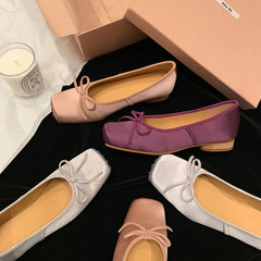 絲綢淺口單鞋女鞋 早春新款 甜美蝴蝶結方頭低幫低跟鞋女式單鞋潮