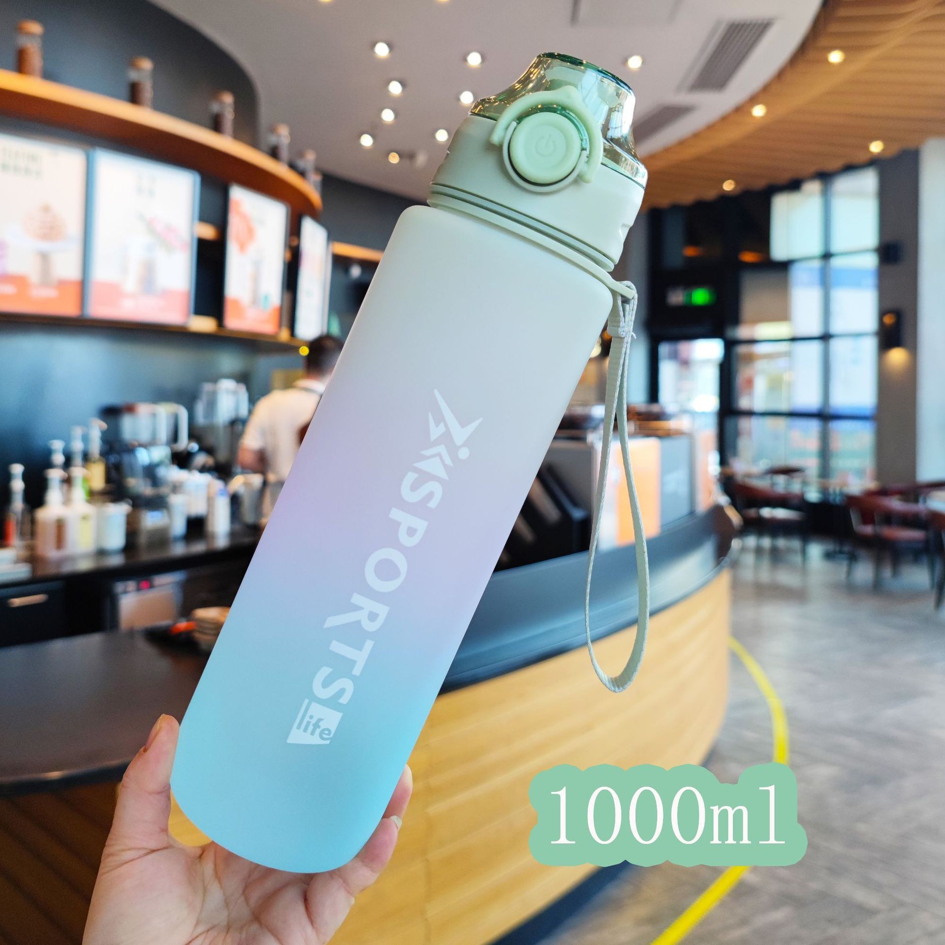 Botella de agua de plástico con degradado de color de verano, botella de agua deportiva esmerilada, asa portátil, tapa con rebote, con infusor de té, taza práctica