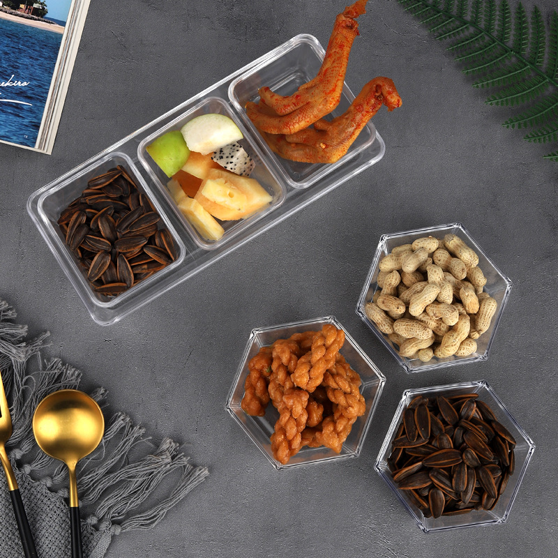 Acrílico PS snack plato rectangular plato de fruta seca transparente de plástico KTV bar montado plato de fruta