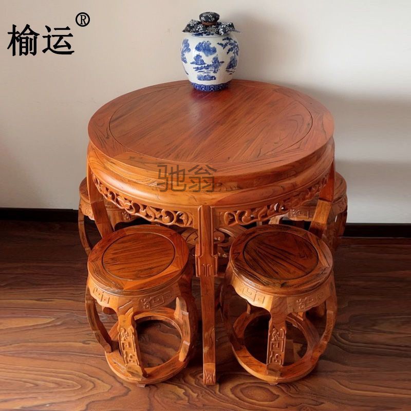 pq老榆木餐桌茶桌仿古圆形实木圆桌鼓形桌古典传统吃饭桌中式家用