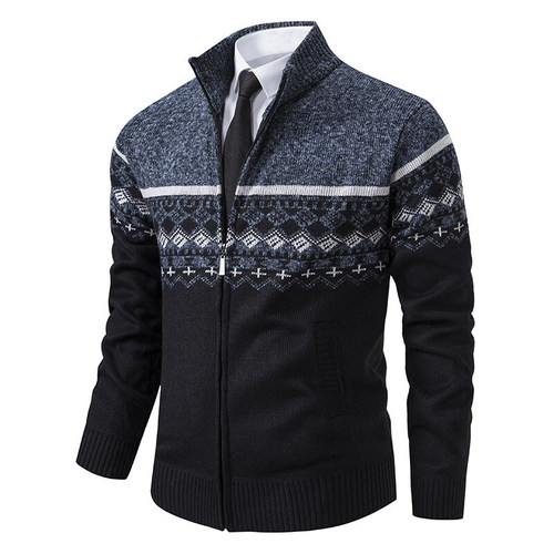 Men's Special Supply Fleece-lined Thick Knit Sweater Winter New Upright Collar Color-blocked Loose Cardigan Sweater Wholesale