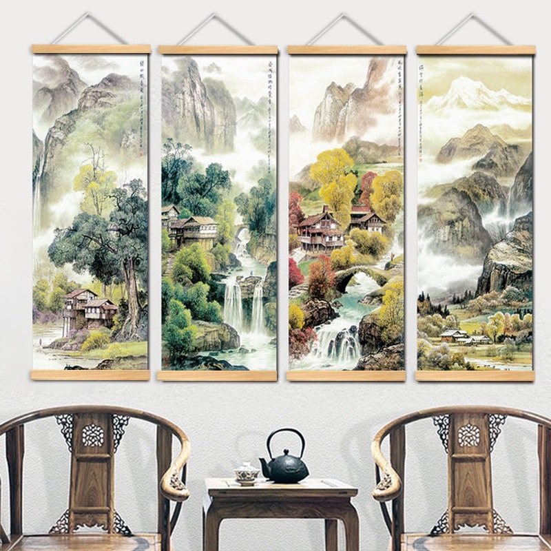 新中式春夏秋冬客厅装饰画餐厅挂画四季山水风景帆布卷轴玄关挂画