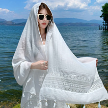 白色棉麻民族风刺绣丝巾围巾超大纱巾披肩云南丽江青海大草原拍照