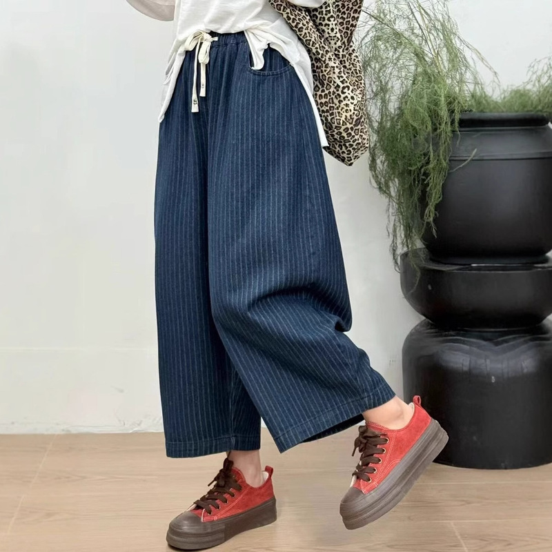 Striped Jeans Spring and Autum New Style Fashionable Elegant Elastic Waist Lace-Up Large Size Nine-Point Pants for Women 387-1