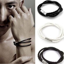 欧美外贸男士多层编织麻花手链 12星座合金片皮绳手镯 手绳手环