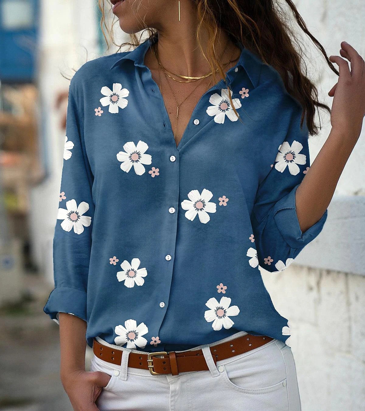 Fashion Flower Cotton Blend Polyester Shirt Collar Long Sleeve Regular Sleeve Printing Blouse