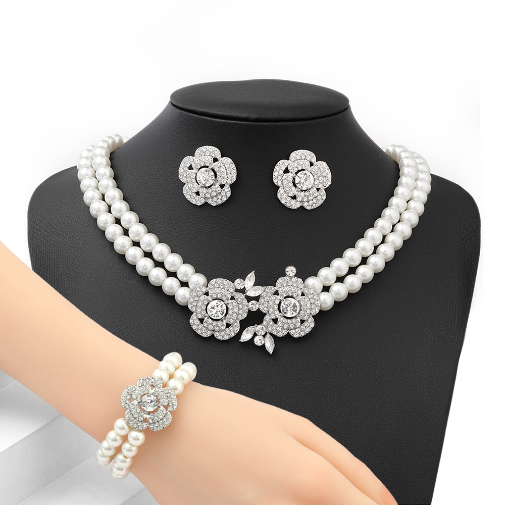 Nuova collana di perle di cristallo, orecchini, bracciale, set di tre pezzi, accessori per abito da sposa, gioielli_voghion.com