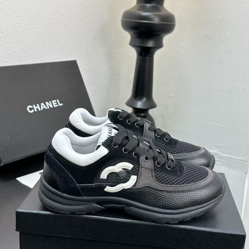 2025 New Style Chanel Sneakers, Genuine Leather, Thick-Soled, Casual, Breathable Mesh, Chunky Dad Shoes, Retro Panda Shoes