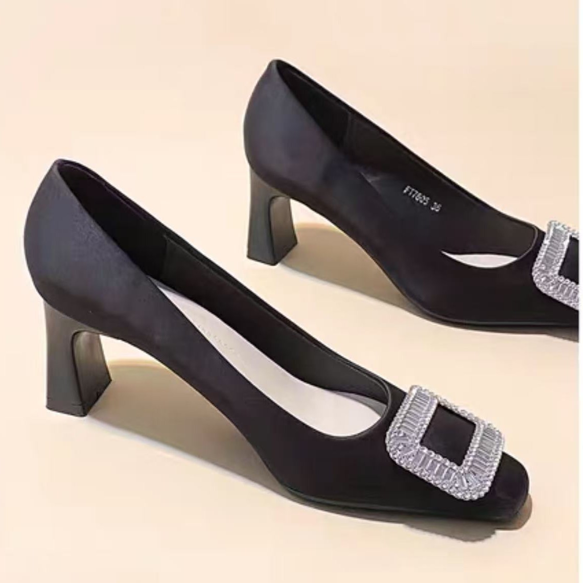 7605-8A Shallow Mouth Single Shoes Black Work Shoes All-match Boat Shoes Square Buckle Rhinestone Thick Heel Middle Heel High Heel Single Shoes for Women