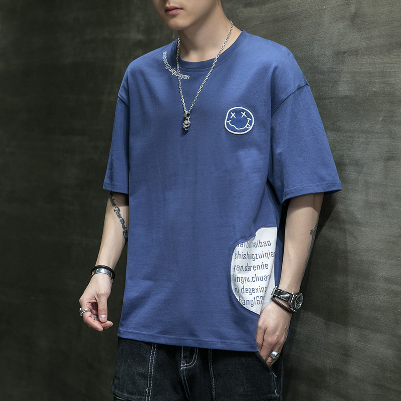 Kurzarm-T-Shirt mit besticktem Lächeln-Gesicht für den Sommermodetrend für Herren, Oberteil mit Kontrastfarbe, lockere Fünf_voghion.com