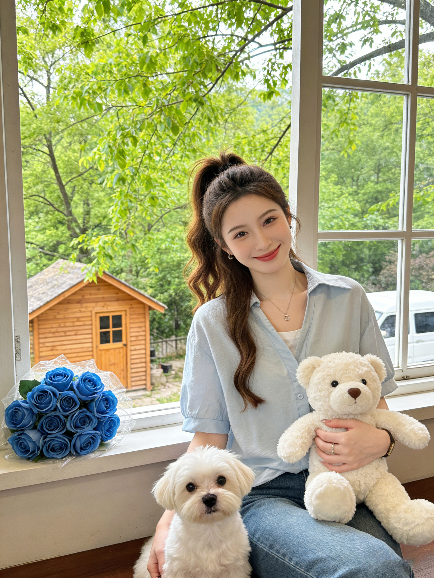 Áo sơ mi nữ tay ngắn giả hai lớp màu xanh lam thiết kế trẻ trung — xanh lam chi tiết 3